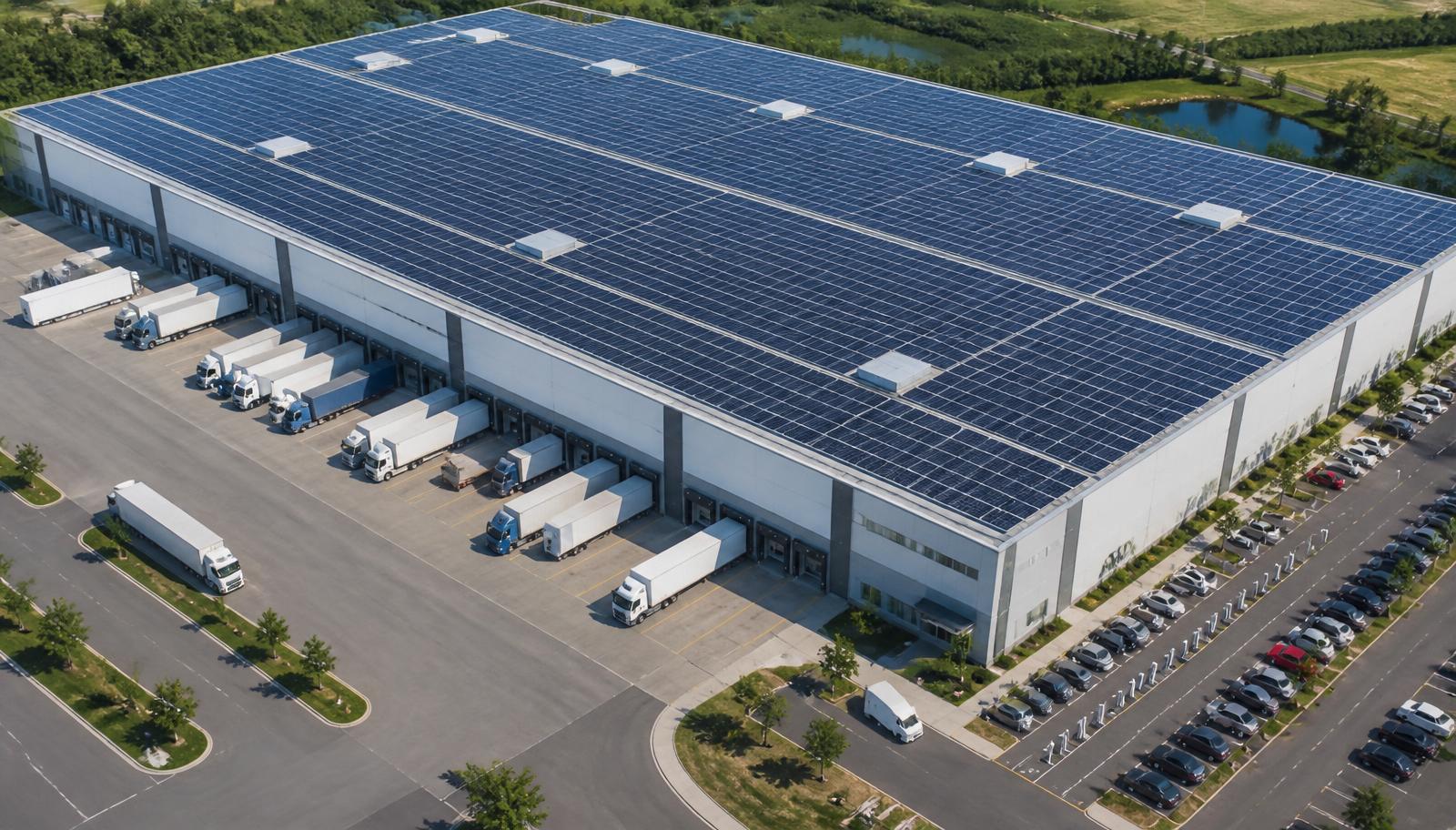 Distribution centre with a full solar roof and charging bays for trucks