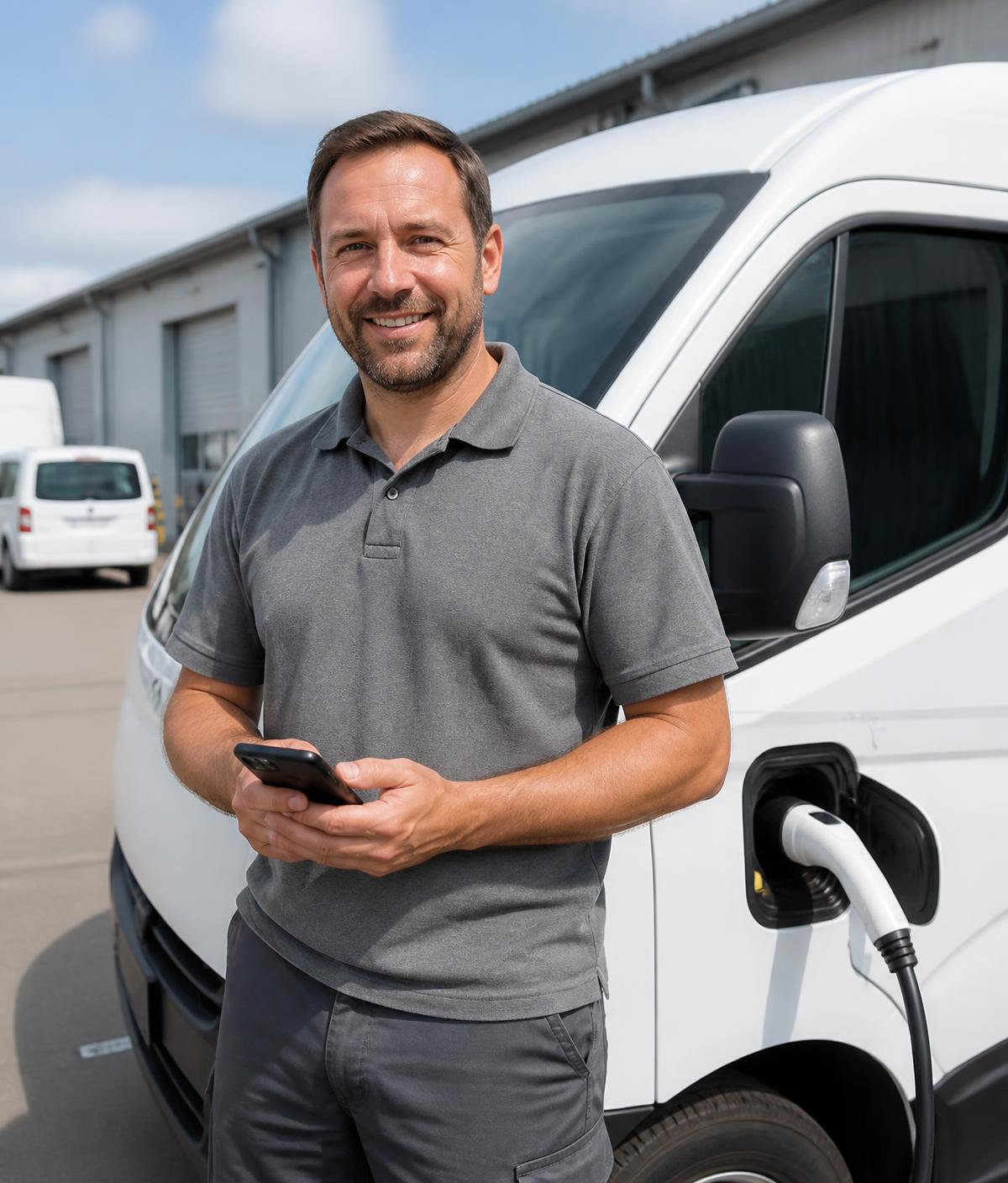 Fleet driver checking his charging app next to a charging van