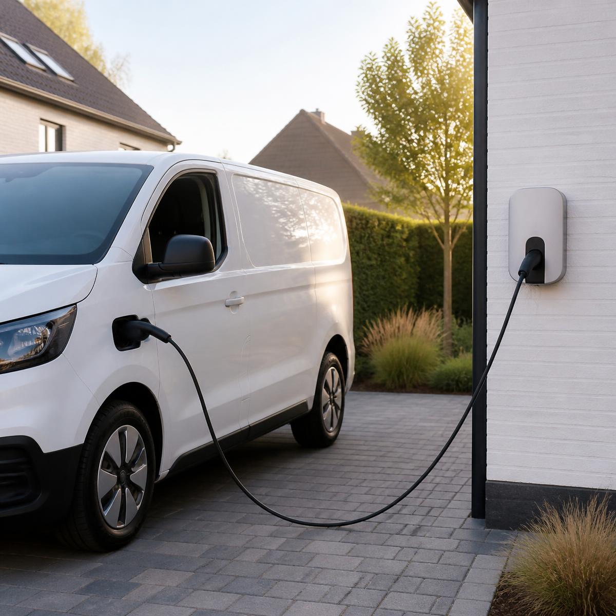 Electric van charging on a home wallbox in a driveway