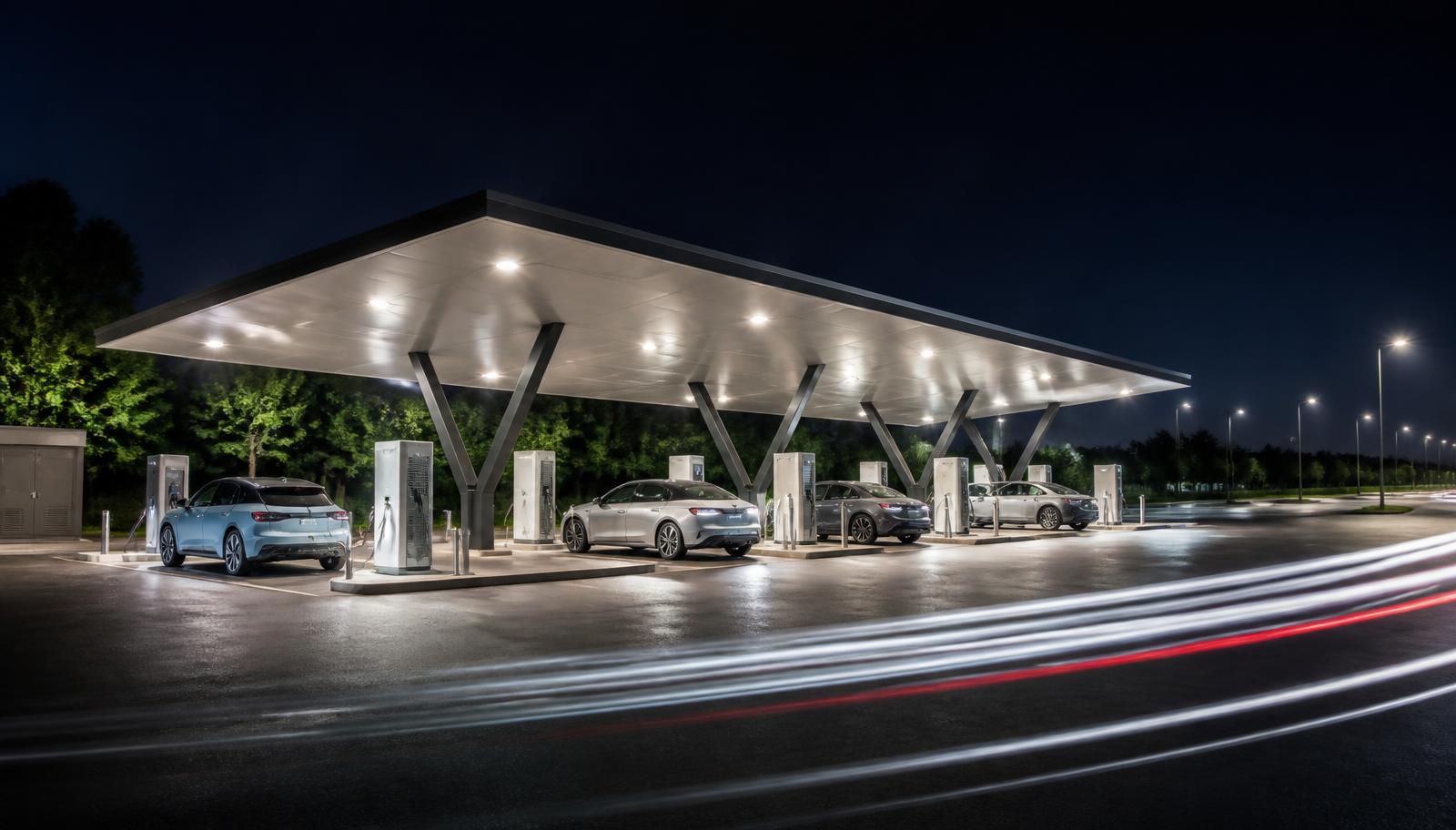 Public fast charging hub at night